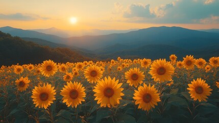 Fototapeta premium Sunset Sunflower Field Mountains