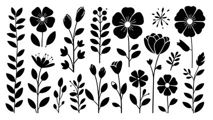 Black flower vector set feature abstract floral design silhouettes, and geometric patterns. Ideal for decoration, logos, and design projects. Includes minimalist botanical elements for creative illust