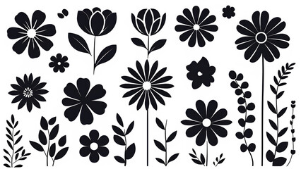Black flower vector set feature abstract floral design silhouettes, and geometric patterns. Ideal for decoration, logos, and design projects. Includes minimalist botanical elements for creative illust