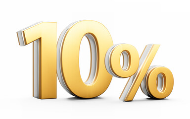 Shiny Golden 10% Ten Percent Sign With Sleek Metallic Gleam On White Background 3D Illustration