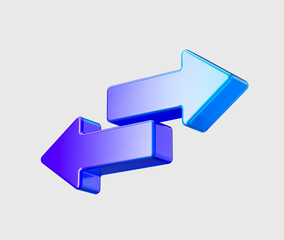 Two shiny 3D arrows in purple and blue, pointing left and right. 3D Illustration.