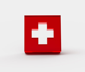 3D Red first aid icon with a white cross, symbolizing medical help and healthcare. 3d illustration