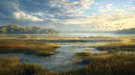 Fototapeta premium Serene Landscape of Wetlands with Reflections and Birds in a Tranquil Nature Scene at Dawn