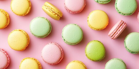 Obraz premium Colorful assortment of macarons in pastel pink, green, yellow, and orange arranged on a soft pink background creating a delightful dessert pattern.