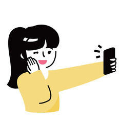 日本人の女子高生がスマホでセルフィーを撮る瞬間：10代の高校生・学生の自撮り・動画配信する女性のイラスト