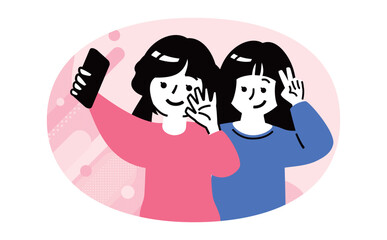 10代の日本人女性二人がスマホでセルフィー自撮りする姿：友達と撮影を楽しむイラスト
