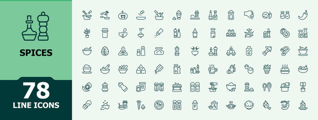 Set of Spices line icons. Contains related to bay leaf, organic, star, vanilla,spice, basil, condiment, herbal, food,  powder and more. Minimalistic icons. Editable stroke.