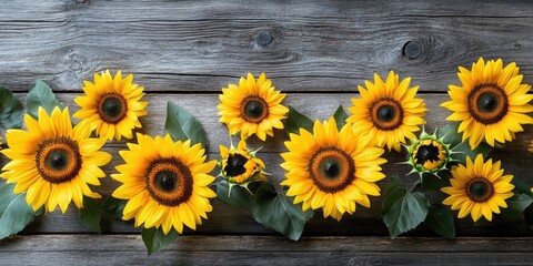 Obraz premium Vibrant sunflowers with dark centers arranged elegantly on a rustic wooden surface creating a warm and inviting floral display.