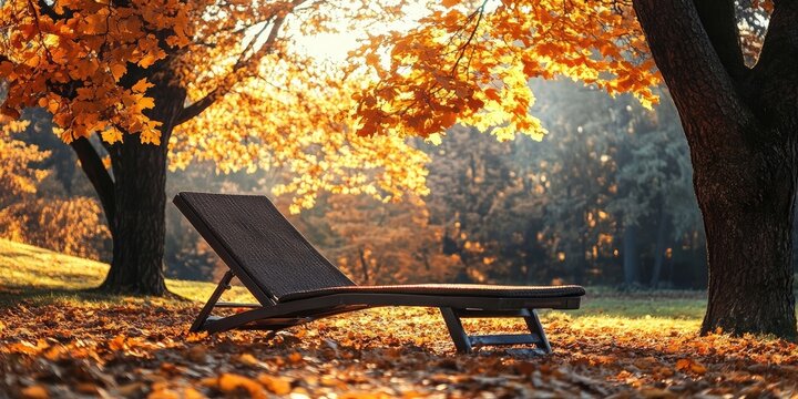 Cozy outdoor lounge chair under golden autumn foliage surrounded by vibrant orange and yellow leaves in a peaceful park setting during sunset