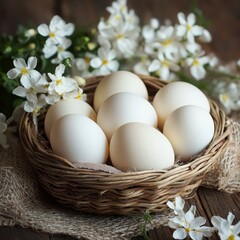 Fresh Eggs in a Rustic Wicker Basket with Spring Flowers