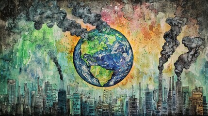Obraz premium A vibrant watercolor painting of Earth entangled in garbage, with factory smoke blending into the sky, symbolizing industrial waste and pollution