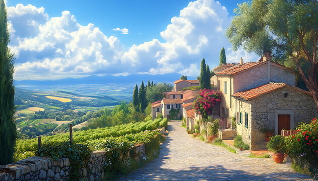 Fototapeta A quaint Italian village with vineyards stone