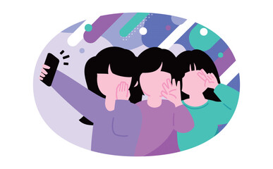 10代の日本人女性三人がスマホでセルフィー自撮りする姿：友達と撮影を楽しむ顔なしのイラスト