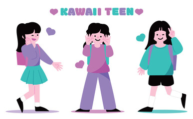 Obraz premium 10代の小学生・中学生のかわいいティーンの女の子の友達の笑顔全身イラスト