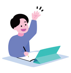 小学生の子供が塾や授業でタブレットとノートに書いて勉強・学習、手を挙げるイラスト_子どものict教育