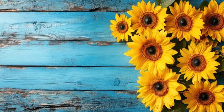 Vibrant yellow sunflowers arranged in a corner against a rustic blue wooden backdrop with ample negative space for customizable text areas.
