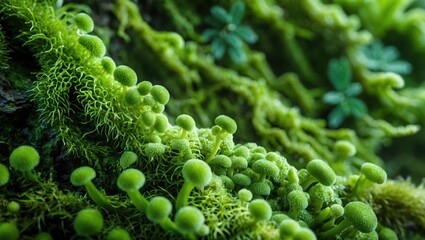 Green moss grows with small plants. Tiny mushrooms are growing around moss.
