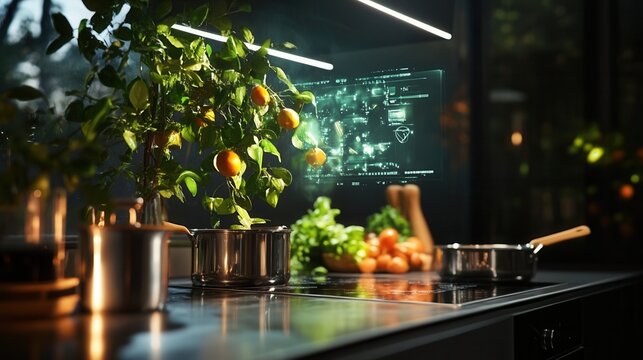 Modern kitchen with vibrant plants and cooking elements