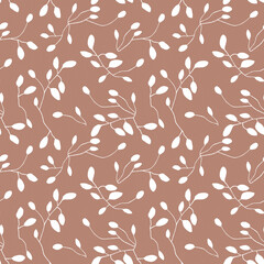 Leaves and twigs seamless pattern hand drawn in mocha mousse. White greenery on mocha mousse background