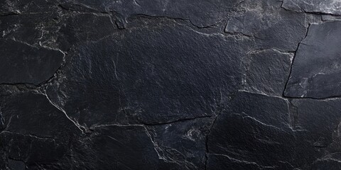 Textured slate stone background with deep black hues, natural fissures, and subtle gray veining, perfect for backgrounds or design projects.