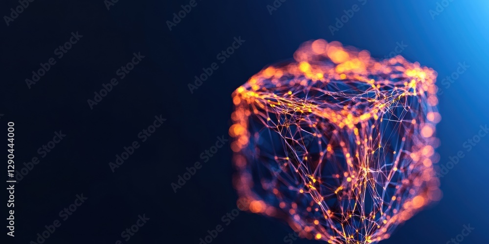 Aufkleber Futuristic Data Visualization Neon Network Cube on Dark Abstract Background - Cutting-Edge Tech Presentation and Innovative Digital Marketing Design