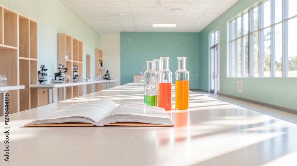 Poster contemporary stem lab design sunlit open workstations with color-coded beakers and microscope for in