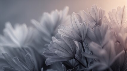 Gray flowers petals group. Soft light reveals delicate flower texture. Light background, dreamy blur focus.