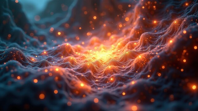 A glowing matrix of shifting fractal patterns, pulsing energy nodes appearing and disappearing at random, a fluid quantum field where probability and reality merge in a surreal vision.