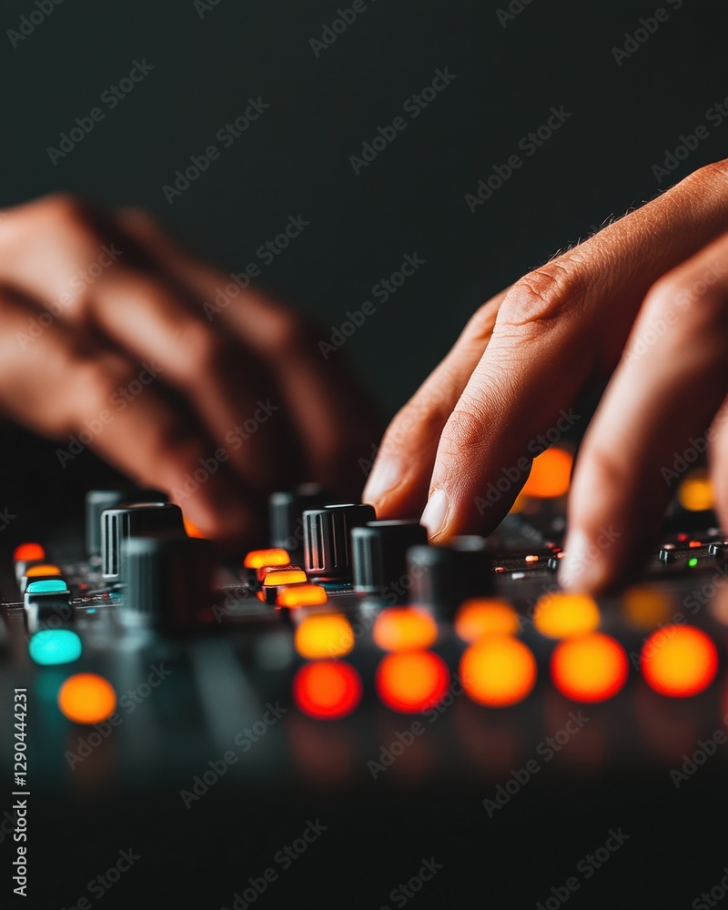 Poster home studio podcasting micro environment hands fine-tuning sleek audio mixer with smart led display 