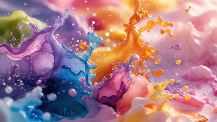 Colorful Paint Splash. Pink purple yellow orange paint mix. Liquids collide with droplets. Bright colors create abstract splash. Artistic detail.