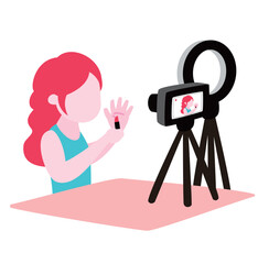 人気女性配信者がカメラ前でメイク動画を撮影中_インフルエンサーの配信舞台裏イラスト