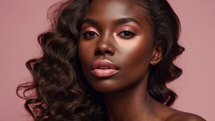 Fototapeta premium Stunning Black Woman with Curly Hair and Rose Gold Makeup