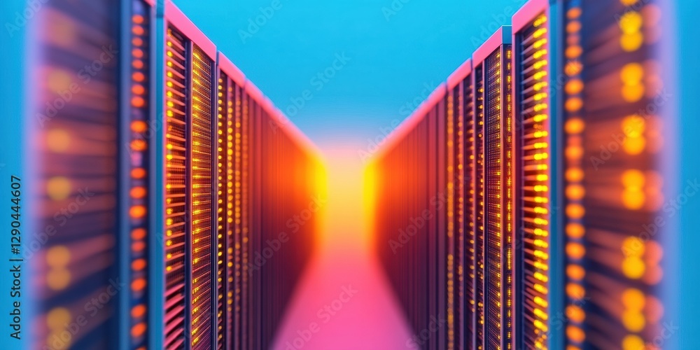Aufkleber Futuristic Data Infrastructure Neon-Lit Server Racks in Industrial Precision - Optimized Computing Power for Tech Innovation and Digital Enterprise Solutions
