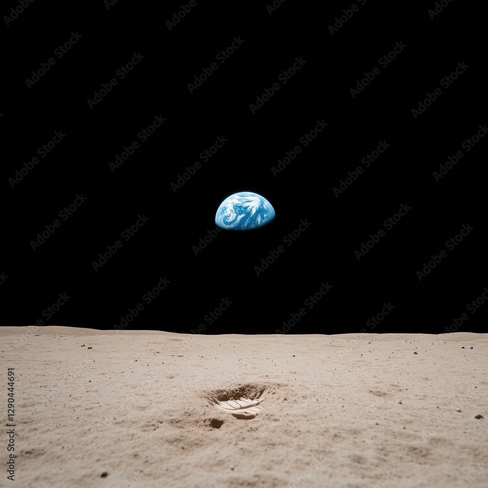Poster Lunar Discovery Visual Iconic Footprint in Moon Dust with Earth View Immersive Space Content for Tech Industry Storytelling and Educational Innovation