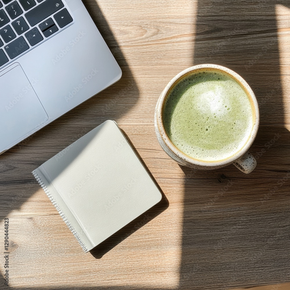 Aufkleber modern nomadic workspace minimalist flat lay of essential remote work gear on wooden table with cera