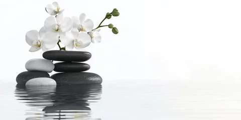 Printed roller blinds Zen wellness spa concept featuring black and white stones stacked in water with a white orchid, positioned to the left against a soft white background.