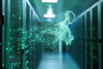 Holographic Network Visualization in Server Room Advanced Digital Interface with Neon Textures - Data Flow Content for Technology and Business Innovation