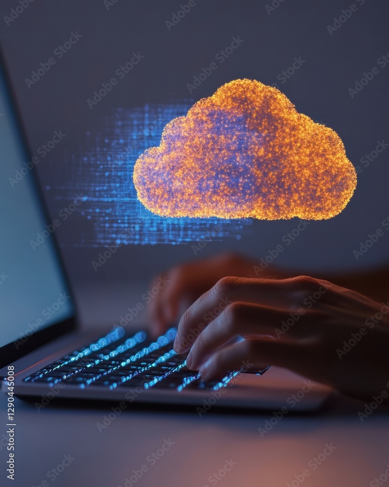 Leinwandbilder streamlined cloud security typing on an illuminated keyboard with holographic cloud - cutting-edge d