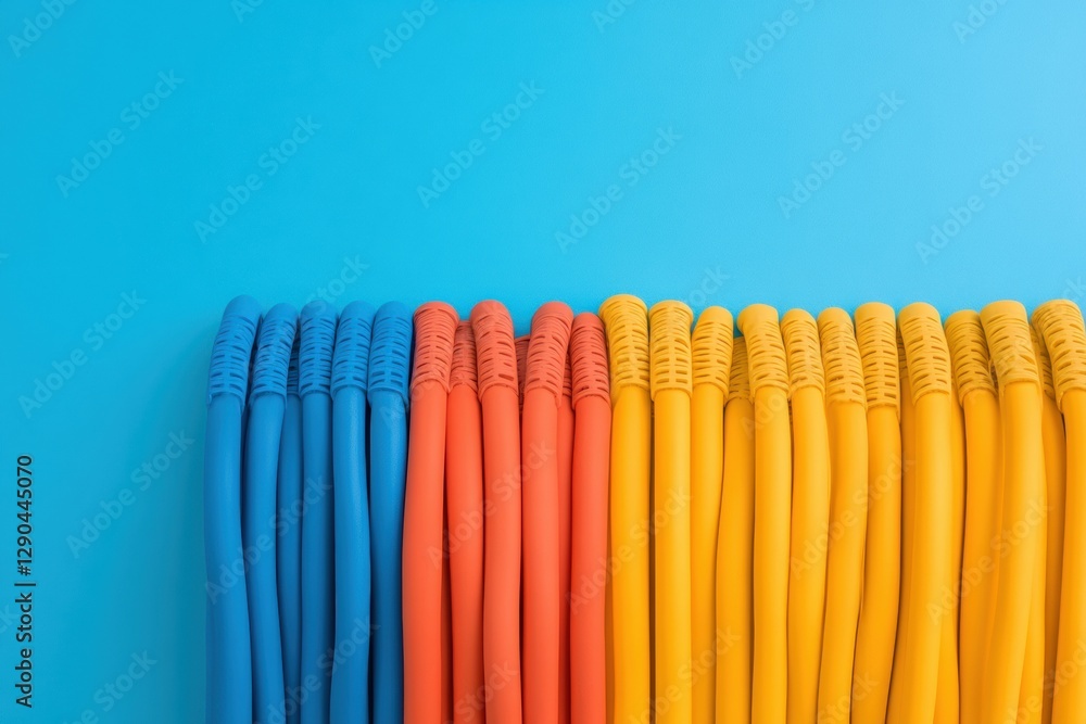 Poster Colorful Minimalism in Data Center Design Vibrant Network Cables Display Against Blue Backdrop - Emerging Tech Infrastructure and Enterprise Efficiency Highlight