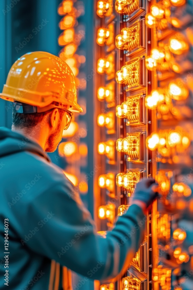 Poster industrial edge data optimization male technician with safety gear, interactive led diagnostics in m