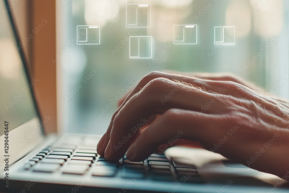 Aufkleber Futuristic Office Aesthetic Close-Up of Hands Typing with Floating Backup Icons - Data Security and Cloud Storage for Modern Tech-Savvy Business Solutions