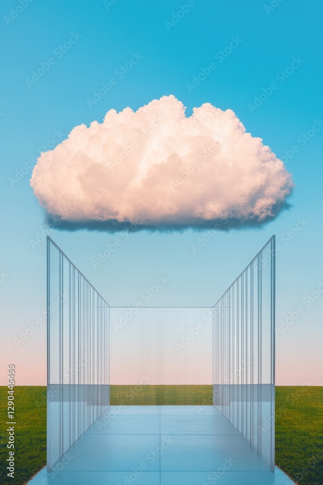 Aufkleber Futuristic Cloud Computing Interface Glass Structure with Data Connectivity Symbols in Open Field - Digital Transformation and Network Visualization for Tech Innovations