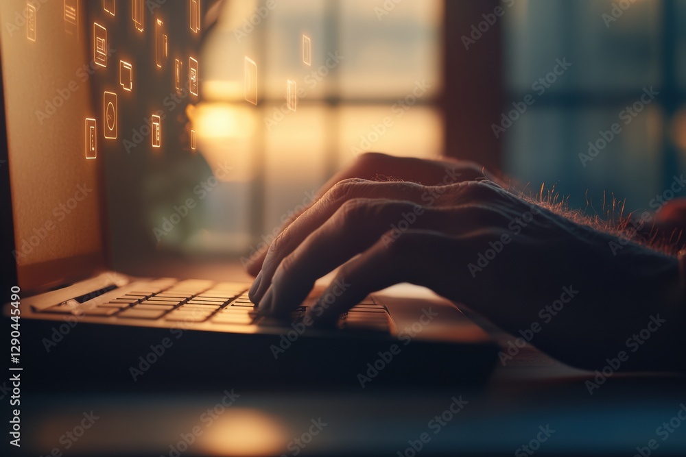 Poster Contemporary Tech Workspace Close-Up of Typing Hands with Holographic Backup Icons in OfficeBoosting Cybersecurity and Cloud Solutions for Digital Innovation