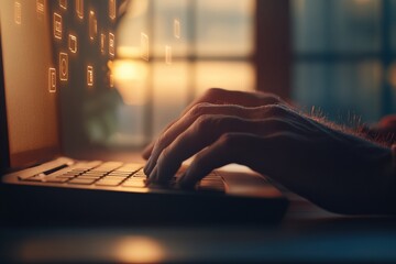 Contemporary Tech Workspace Close-Up of Typing Hands with Holographic Backup Icons in OfficeBoosting Cybersecurity and Cloud Solutions for Digital Innovation