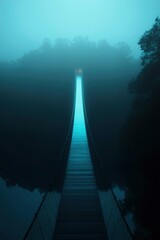 Fototapeta premium Suspension bridge disappearing in the mist. Connecting pathway amid trees. Use travel