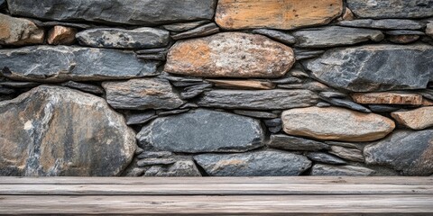 Natural backdrop showcasing a textured stone wall with earthy tones of gray and brown, complemented by a wooden ledge in the foreground.