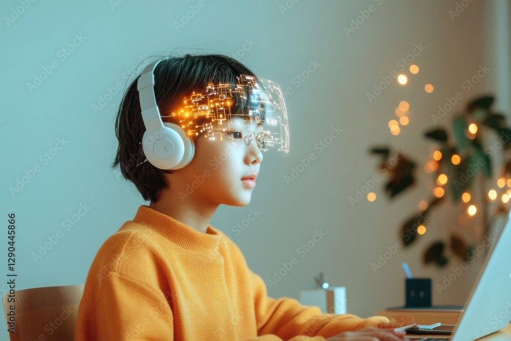 Poster futuristic education hub young learner with ai-powered digital tutor in cozy minimalist study space 