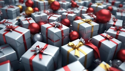 Obraz premium Bunch of white and red boxes with gold bows and red balls