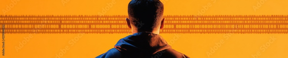 Poster matrix-inspired cybersecurity visual hooded silhouette on orange code backdrop - strategic content f