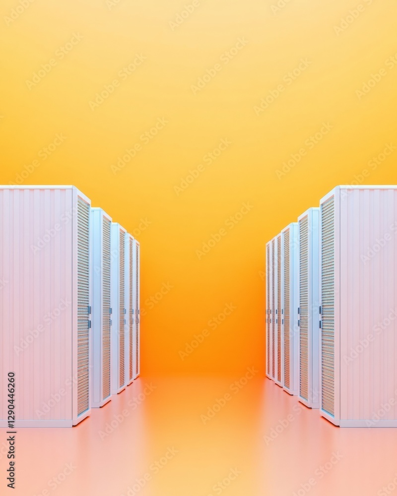 Poster Vibrant Minimalist Data Center Aesthetic Sleek Server Racks with LED Indicators on Glossy Floor - Enterprise Infrastructure and Digital Storage Solutions
